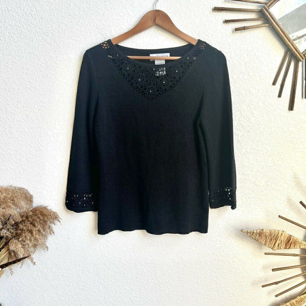 Sag Harbor Black Knitted Women Lace Insert Keyhole Flared Sleeves Blouse Medium